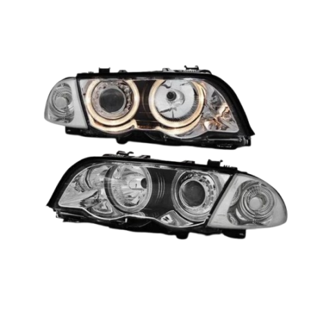 FAROS PARA BMW SERIE 3 E46 4 PUERTAS 98-01 OJOS ANGEL HALOGENO FONDO CROMO