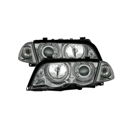 FAROS PARA BMW SERIE 3 E46 4 PUERTAS 98-01 OJOS ANGEL CCFL FONDO CROMO H7-H7