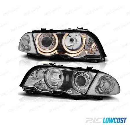 FAROS PARA BMW SERIE 3 E46 4 PUERTAS 98-01 OJOS ANGEL HALOGENO FONDO CROMO